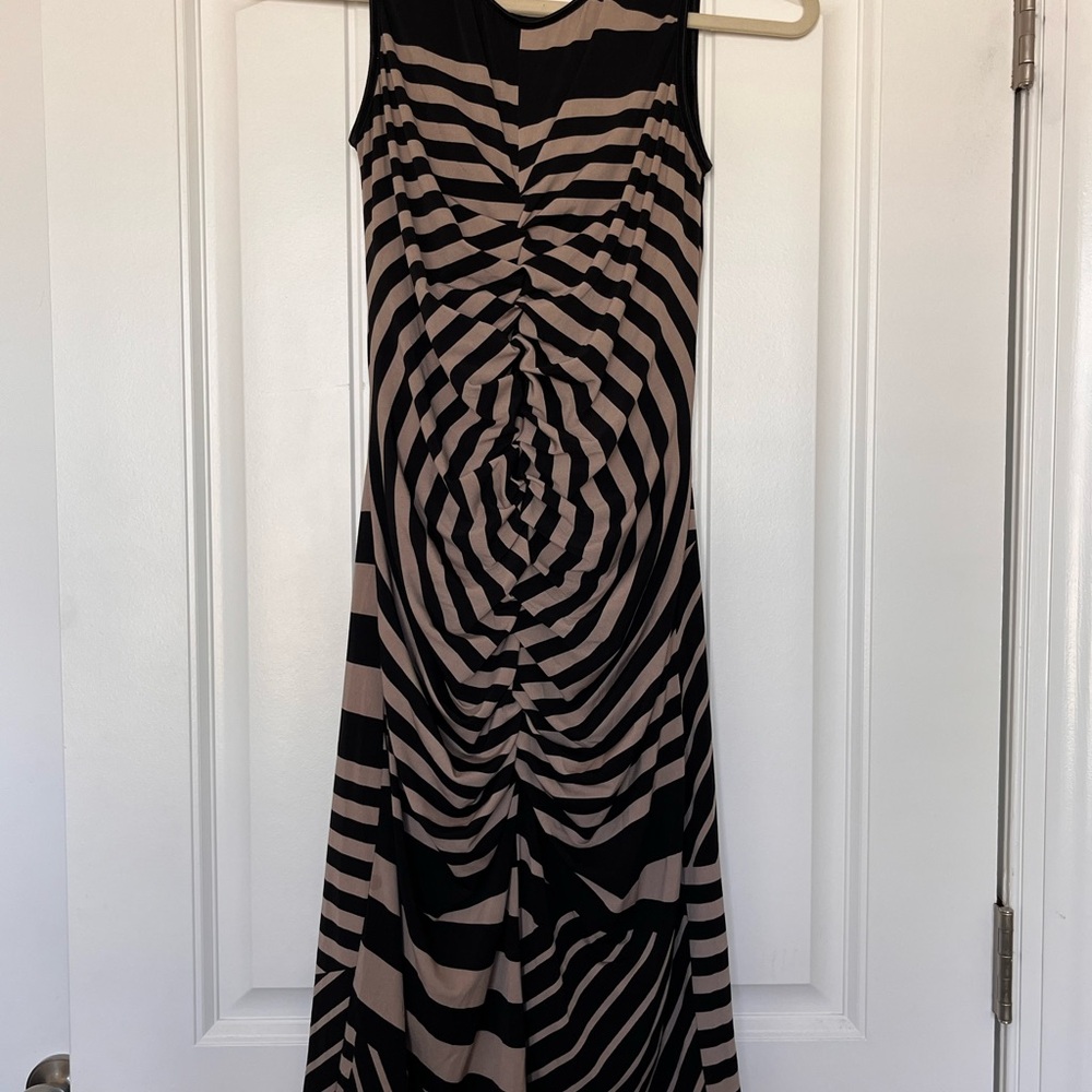 Joseph Ribkoff Black and Taupe Striped Ruched Midi Dress